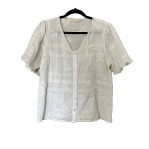 Anthropologie Forever That Girl 12 White Cotton Embroidered V-Neck Button Up